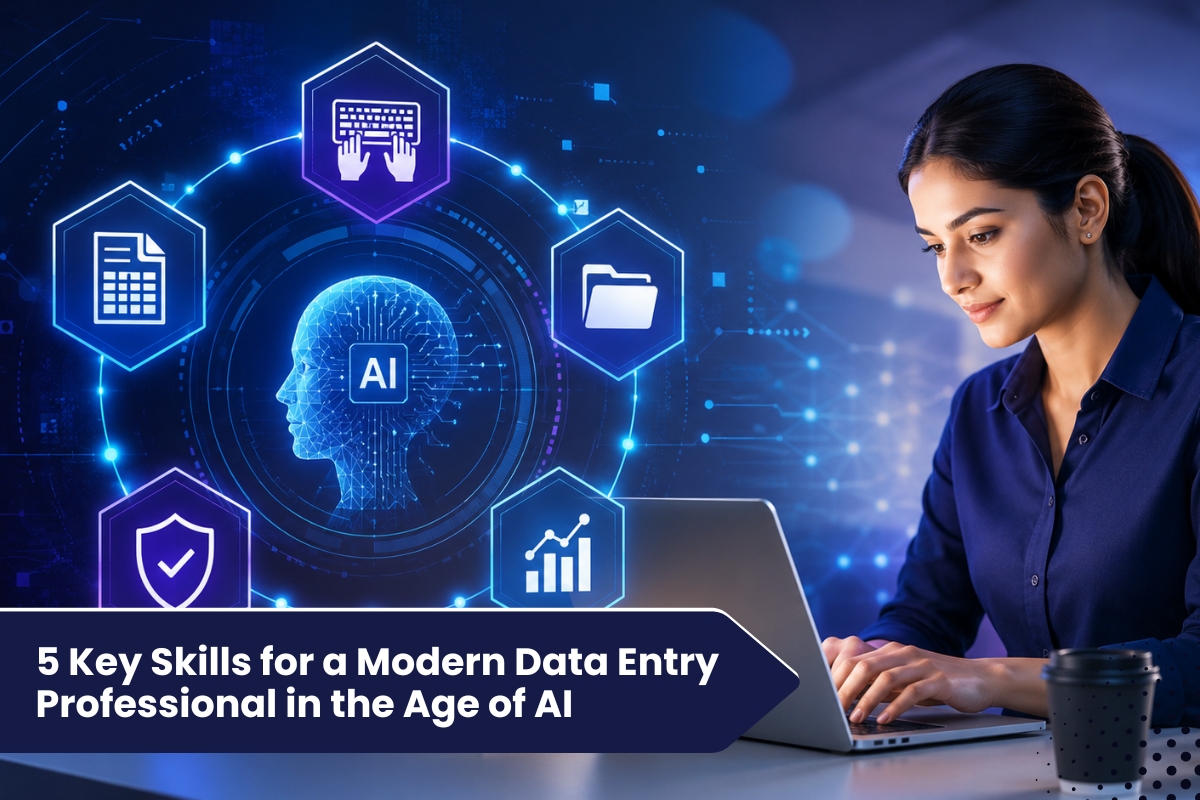A data professional working on a laptop with digital overlays representing AI neural networks and data streams.